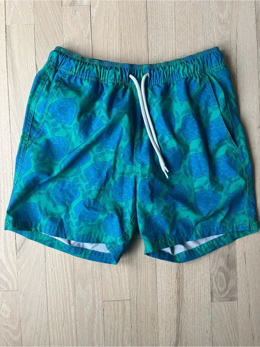 J. Crew Blue & Green Turtle-Print Swim Trunks